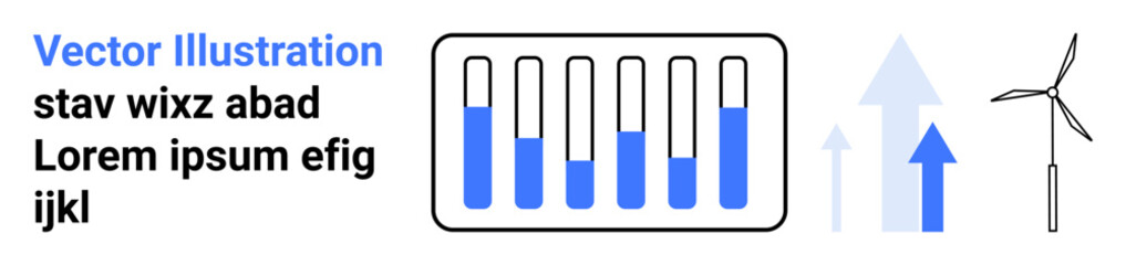 Battery levels, wind turbine, directional arrows representing energy growth. Ideal for sustainability, energy, eco-friendly initiatives, data, progress, environment-focused apps simple landing page