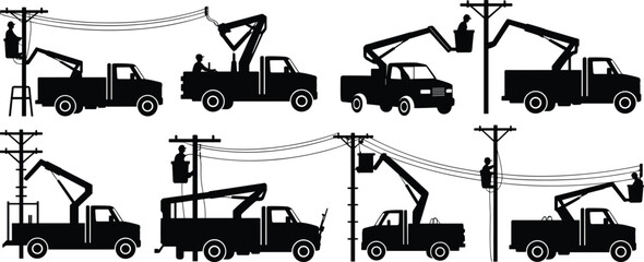 Silhouette Set Of Utility Workers With Bucket Trucks And Poles Keywords: silhouette, utility worker, bucket truck, lineman, power
