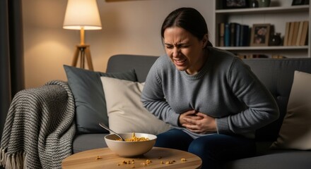 Woman experiencing stomach pain while eating cereal