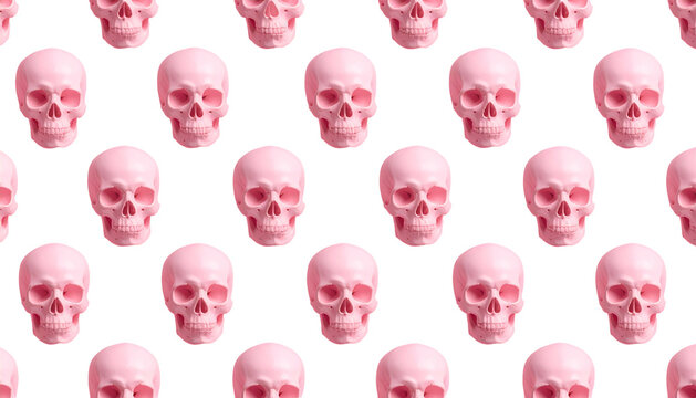 Repeating pattern of pink skulls on a black background, forming a macabre and trendy aesthetic