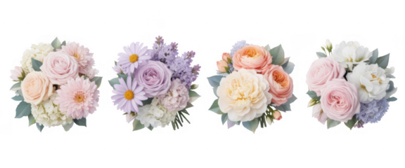 Bouquets of pastel roses and daisies isolated on a transparent background flowers