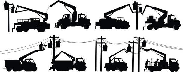 Silhouette Set Of Utility Workers With Bucket Trucks And Poles Keywords: silhouette, utility worker, bucket truck, lineman, power