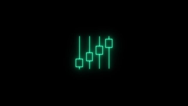 Glowing cyan neon audio equalizer icon on black background. Professional digital music mixer fader graphic symbol. Sound level control slider in red neon style for UI design.