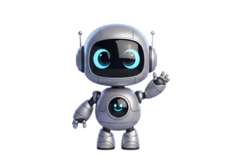 A friendly silver robot with glowing blue eyes waves hello, 3d render on black background