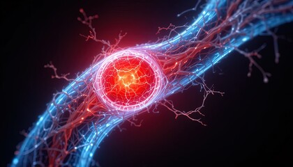 Dynamic nerve cell illustration with glowing red nucleus and vibrant blue axons for medical research or breakthrough discoveries in neuroscience