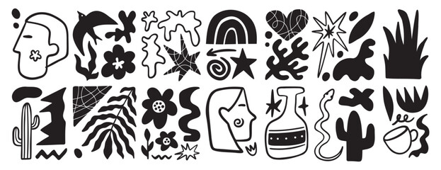 Obraz premium Matisse geometric doodle set organic shapes. Abstract floral naive art. Botanic elements boho aesthetics