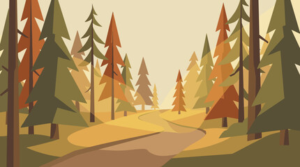 Fototapeta premium Serene autumn woodland scene illustration with geometric pine trees and a winding dirt road in a flat, minimalist vector style with a warm, earthy color palette