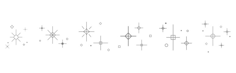 Minimalist Sparkle and Stars Icon Set with Geometric Elements for digital design, holiday cards, packaging, invitations, branding, web layouts, and minimalist decoration. Vector illustration