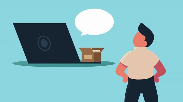 Person looking at laptop with open box and speech bubble computer