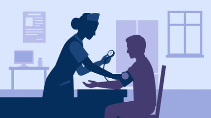 Nurse silhouette measuring a patient's blood pressure with a sphygmomanometer in a doctor's office, a flat design vector illustration in monochromatic blue tones