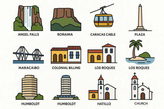 Venezuelan landmark icons in flat vector grid with sharp geometric outlines on white background