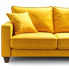 Bright yellow sofa with plush pillows, close-up view