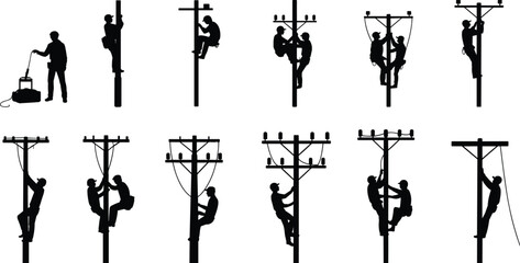 Silhouettes of Linemen Working on Electricity Poles and Climbing lineman electrician