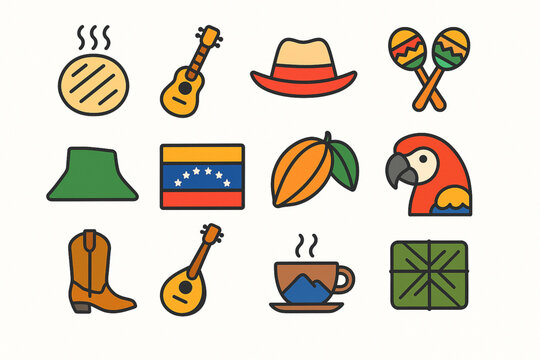 Venezuelan culture icons in flat vector grid with bright tropical palette on white background