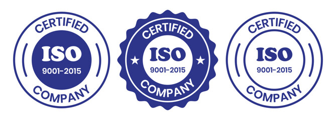 ISO 9001-2015 Certified Company Stamp. Quality Assurance and Compliance Certification Logo for Business and Manufacturing. ISO 9001-2015 Certified Company badge, flat vector, isolated illustration.