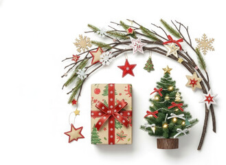 Christmas Knolling Flat Lay Composition with Decorations and Gift Isolated