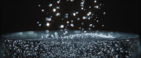 Glittering effervescence rises through clear sparkling carbonated liquid with vibrant motion