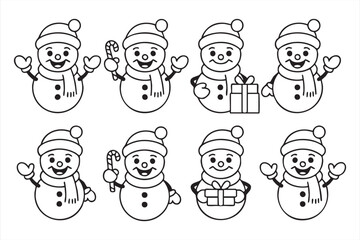 Winter Snowman Outline Characters with Gifts and Candy Canes for Festive Design Use