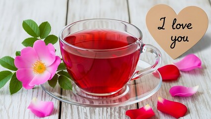 Clear glass cup of red tea with a pink rose, rose petals, and a heart-shaped "I love you" note on a rustic wooden background.