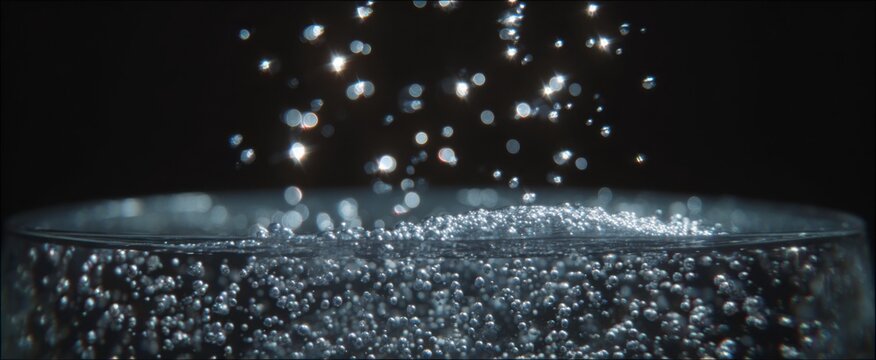 Glittering effervescence rises through clear sparkling carbonated liquid with vibrant motion