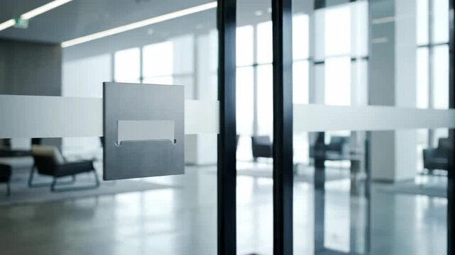 Architectural medium shot of a generic information card being dropped cleanly and precisely into a sleek, metallic holder mounted on a contemporary automatic glass door card, dropped cleanly, movement
