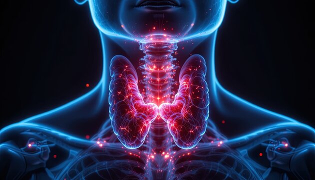 Explore the intricacies of the human thyroid with this stunning anatomical visualization, perfect for medical research, educational content, and health awareness campaigns