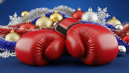 Red Boxing Gloves with Christmas Decorations on Blue Background