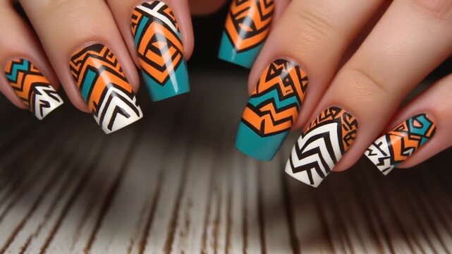 Vibrant and intricate geometric patterns adorn a stylish manicure, showcasing a captivating blend of bold colors and unique abstract designs for a trendy aesthetic
