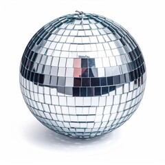 Mirrored disco ball reflects light, silver and white