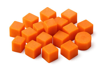 Diced carrots and orange vegetable cubes, fresh raw ingredients, isolated on transparent background