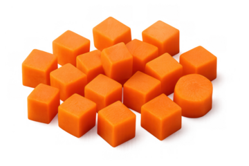 Diced carrots and orange vegetable cubes, fresh raw ingredients, isolated on transparent background