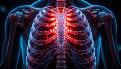 Detailed human ribcage with glowing red capillaries offers a modern look at anatomy and health, perfect for medical illustrations and educational content