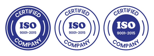 Obraz premium ISO 9001-2015 Certified Company Stamp. Quality Assurance and Compliance Certification Logo for Business and Manufacturing. ISO 9001-2015 Certified Company badge, flat vector, isolated illustration.