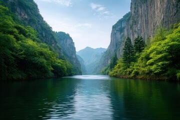 Fototapeta premium Serene River Flowing Through Deep Green Valley Beneath Clear Blue Sky