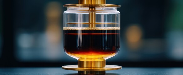 Slow cold brew coffee passes through a multi-layered glass filtration system.