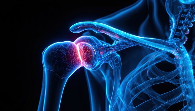 Shoulder pain anatomy with glowing inflammation for medical illustration or healthcare education, showcasing injury and skeletal structure for doctors