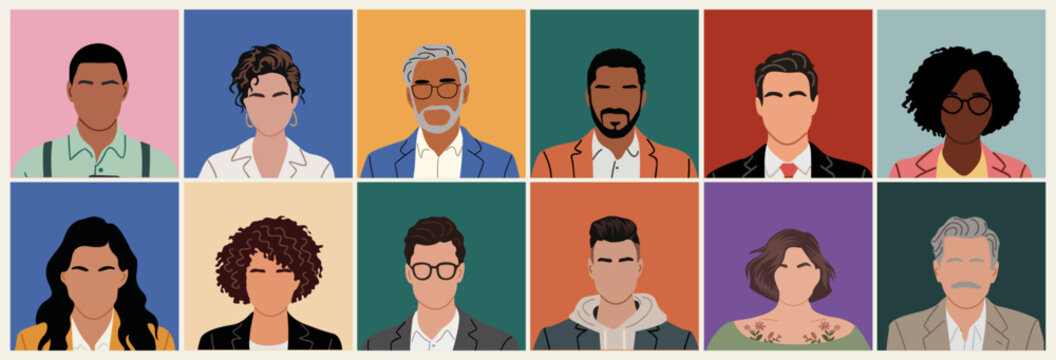 Flat vector set of diverse faceless avatars. Modern minimalist portraits with varied hairstyles, outfits, and backgrounds for professional or creative use. 