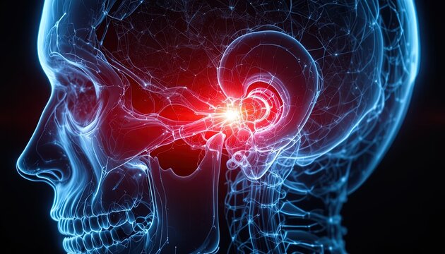 Stunning 3D render of head anatomy highlighting inner ear pain, great for tinnitus awareness campaigns or medical education materials needing visual impact