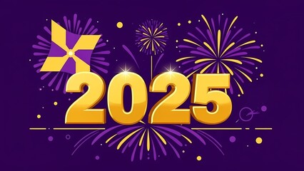 Fototapeta premium Vibrant purple and yellow 2025 numbers with festive fireworks and dynamic design elements. Excellent for celebratory materials and energetic New Year marketing campaigns.