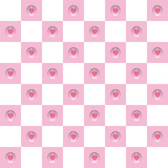 Pink heart water drops on checker board repeat pattern.Valentine's day seamless pattern.Love bubbles vector graphic illustration frame background wallpaper.
