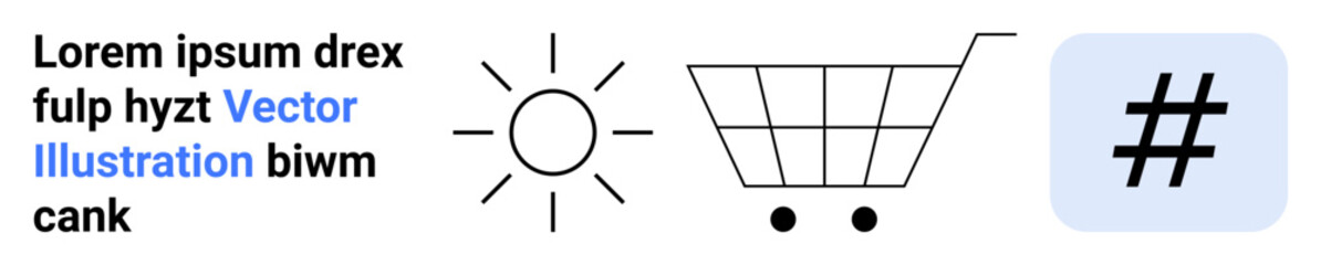 Sun icon, shopping cart, metadata tag, and placeholder text in a modern style. Ideal for e-commerce, UIUX design, digital marketing, web development, brand identity social media and simple landing