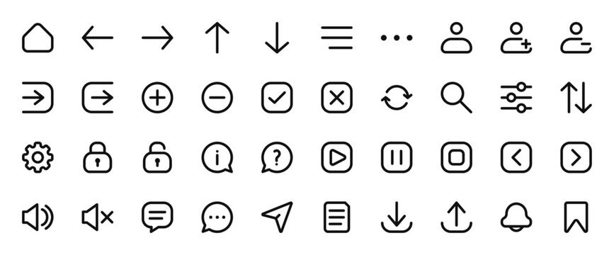 Essential outline symbols featuring arrows, actions, navigation signs, media controls, communication icons, security elements, and simple tools in a clean line style.