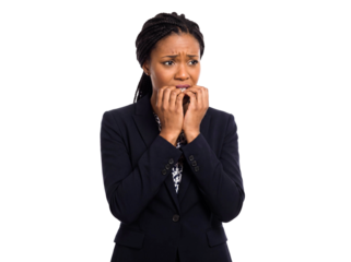 Black business woman biting nails nervous waist up isolated white background png transparent cutout female anxiety worry stress fear uncertainty corporate problem studio shot person thinking