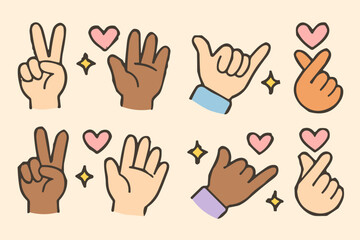 Obraz premium Cute Hand Gesture Icons with Hearts
