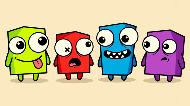 Four colorful cartoon blocky monster characters with different funny emotions like happy, shocked, and worried stand in a row in this cute and vibrant comic-style illustration