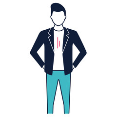 Flat design illustration featuring a man wearing a blue jacket and light blue pants