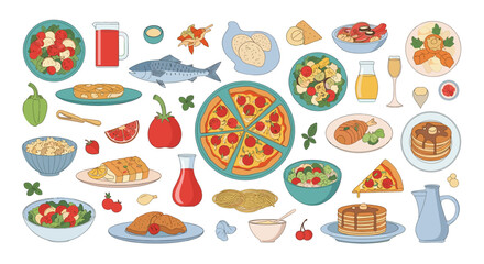 Big set of hand-drawn doodle style food illustrations including pizza pasta salads fish pancakes and various drinks for menus.