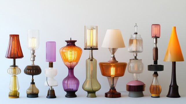 Collection of unique colorful lamps on white background. Possible use Interior design inspiration