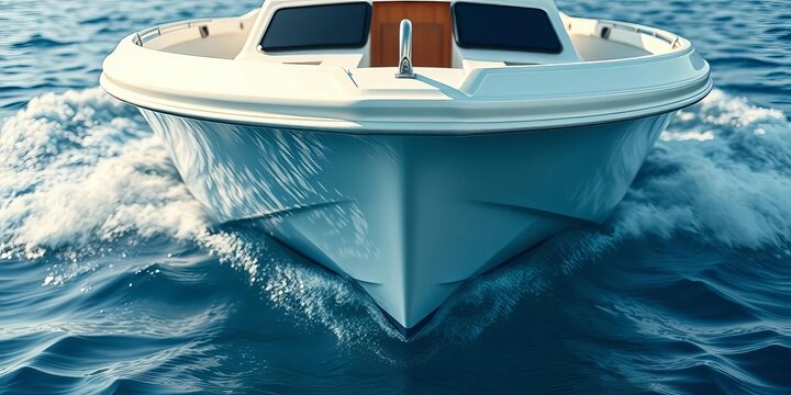 Close-up of a boat's stern, showing its clean lines and connection to the vast blue water, with subtle ripples,  travel,  deck