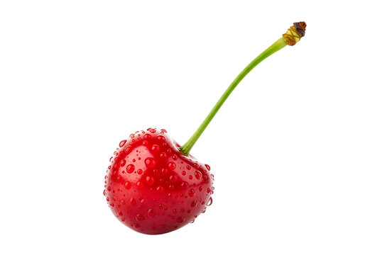 A glistening, freshly picked cherry covered in water droplets against a stark black background